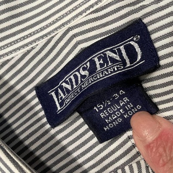 LAND' END Size 15 1/2 Mens Shirt Gray White Button Down Stripe Long Sleeve - Picture 5 of 9